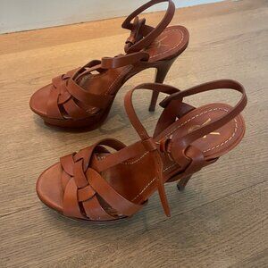 Yves Saint Laurent Brown Leather Tribute Ankle Strap Sandals